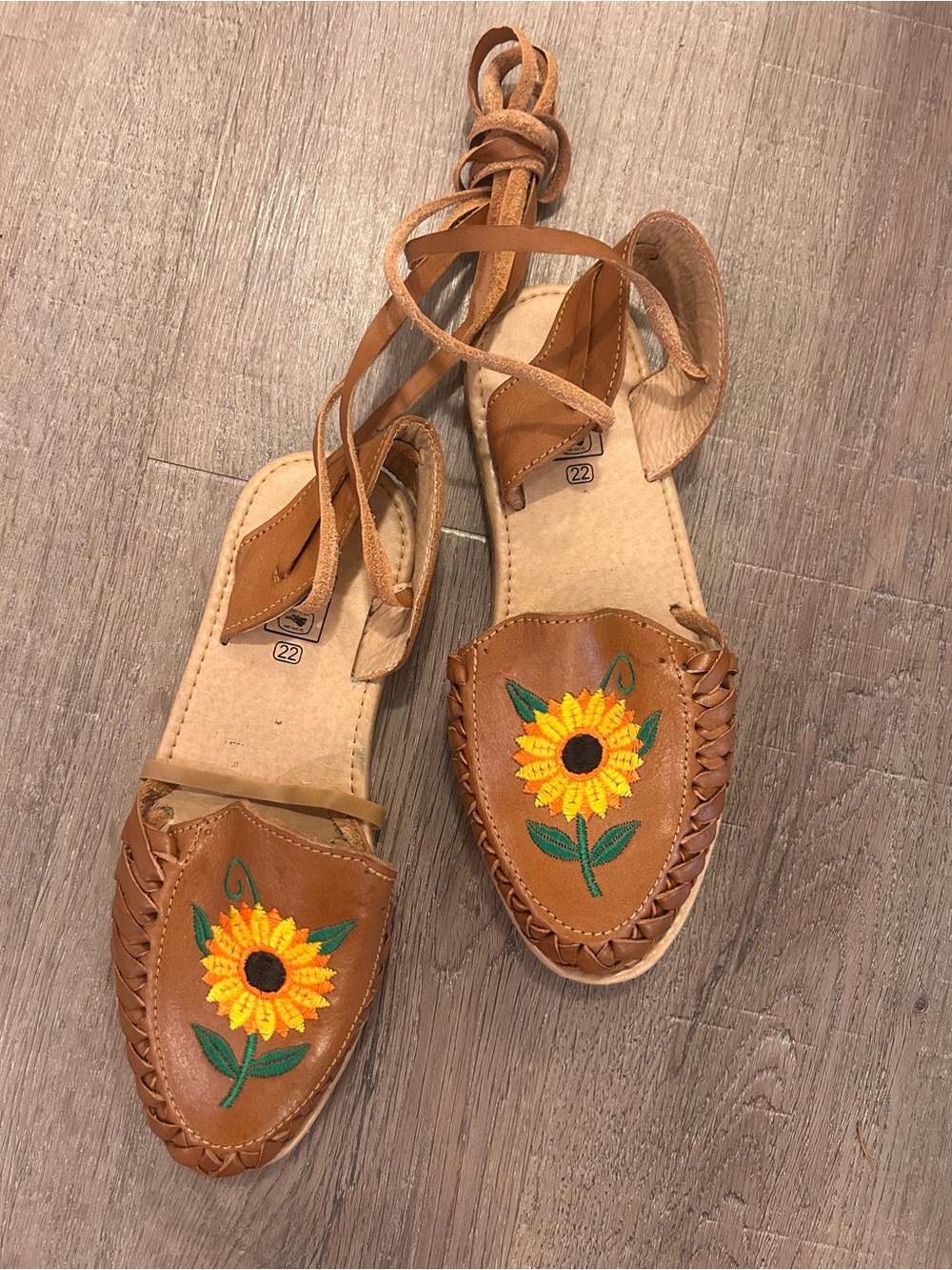 Nuez Mexican Huarache Sandals Womens Size 5 Brown Sunflower Lace-Up